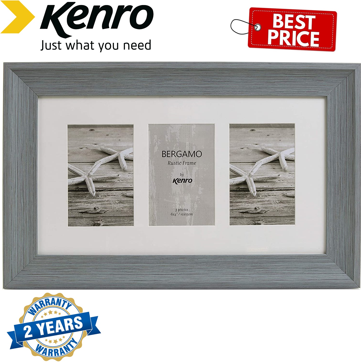 Kenro Bergamo Rustic Grey Collage Frame to hold 3 photos 6x4 Inches